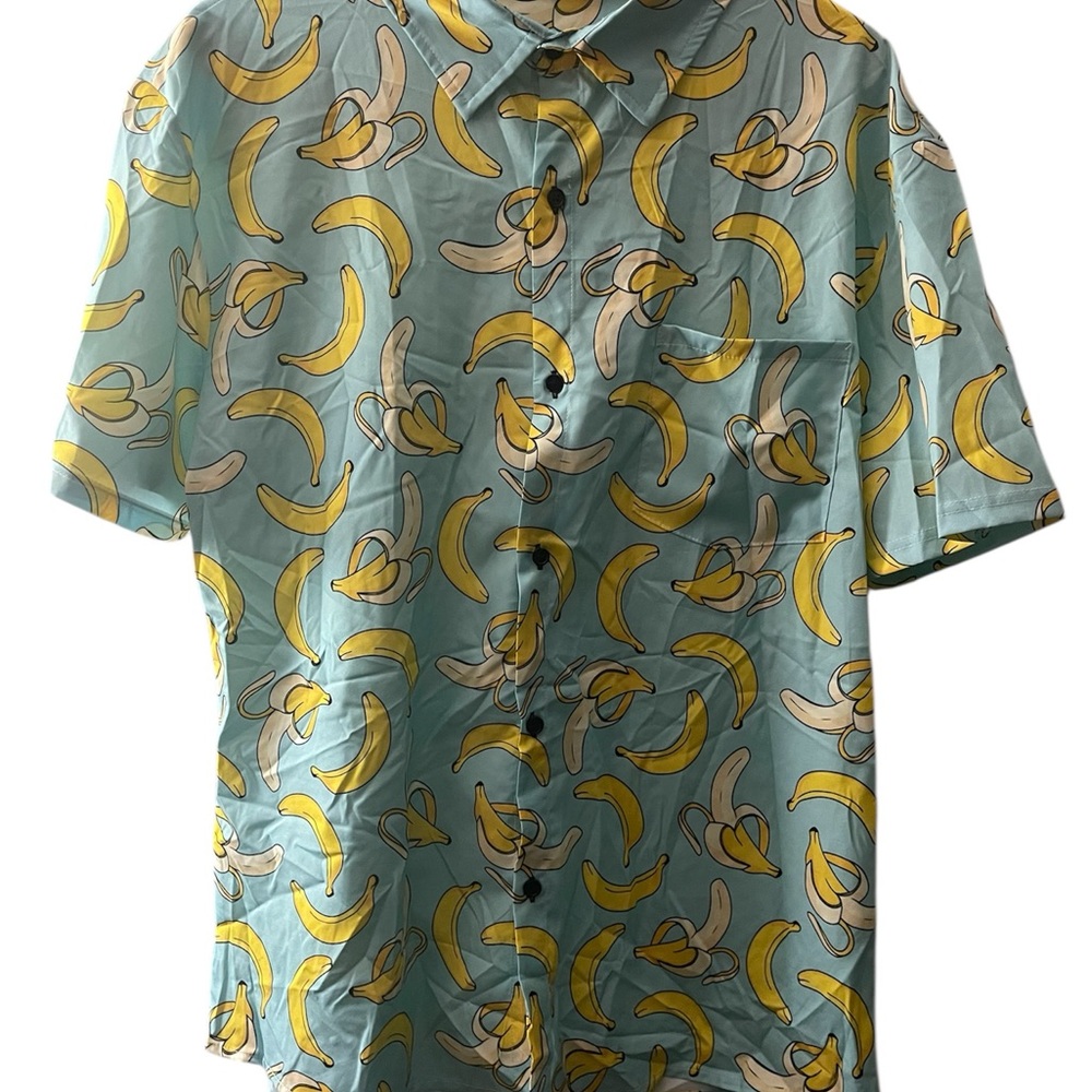 Playful Banana Print Men's Shirt - Blue and Yellow